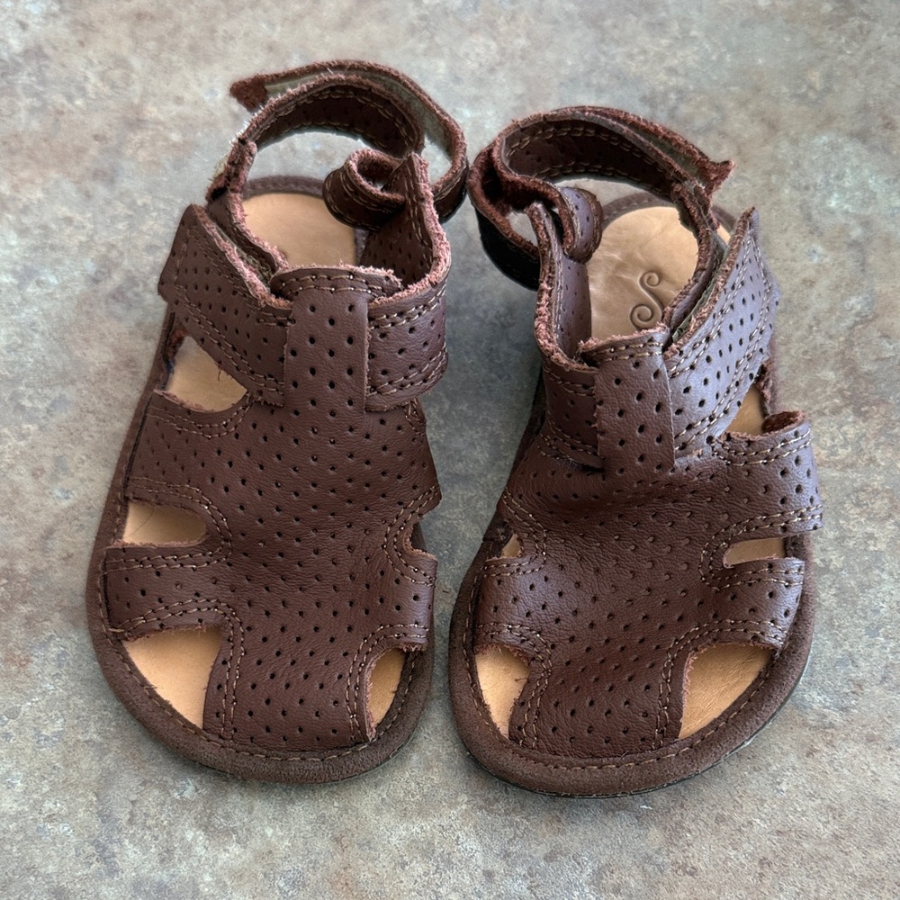 Toddler BAREFOOT Brown Perforated Leather Sandals with Adjustable Strap